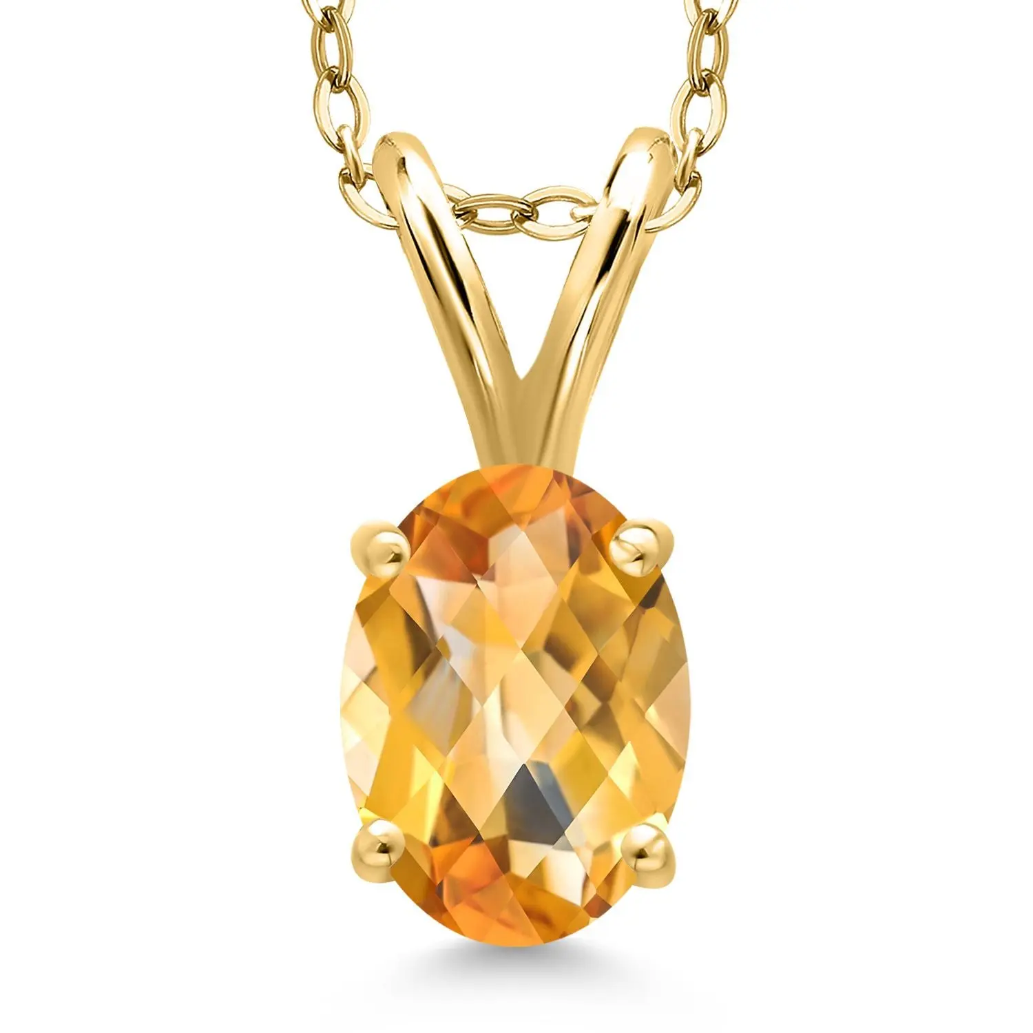 0.73 Ct Oval Checkerboard Yellow Citrine 18K Yellow Gold Plated Silver Pendant with Chain