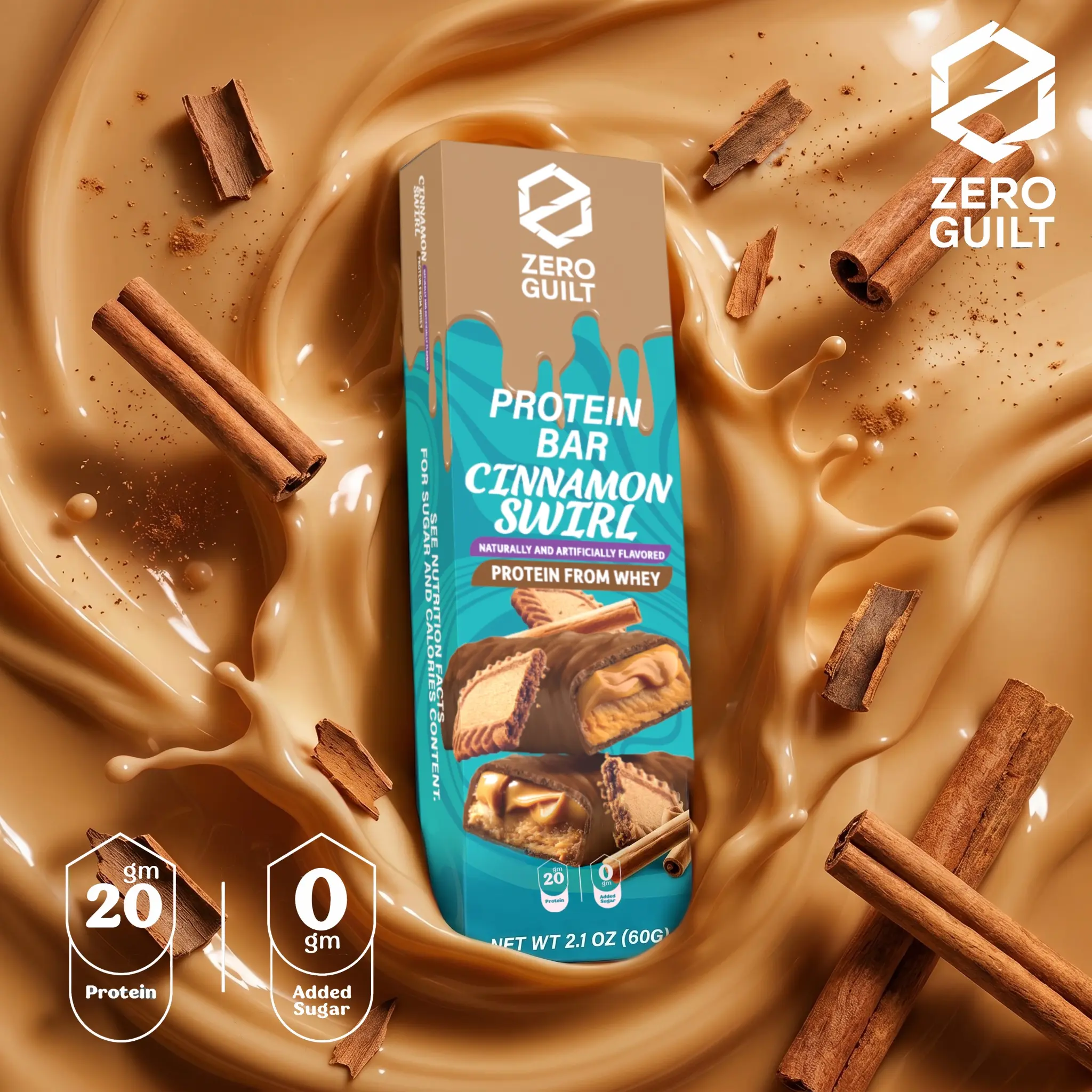 ZERO GUILT Cinnamon Swirl 20G Protein Bar, ZERO Added Sugar, 60g Net Weight - 12 Pack