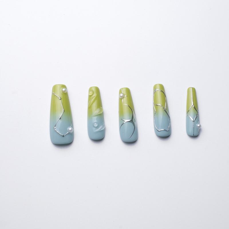 HJElegance Morning Garden coffin press on nails: soft blue-green shares with silver lines and pearl accents, natural elegance, shimmering glitter
