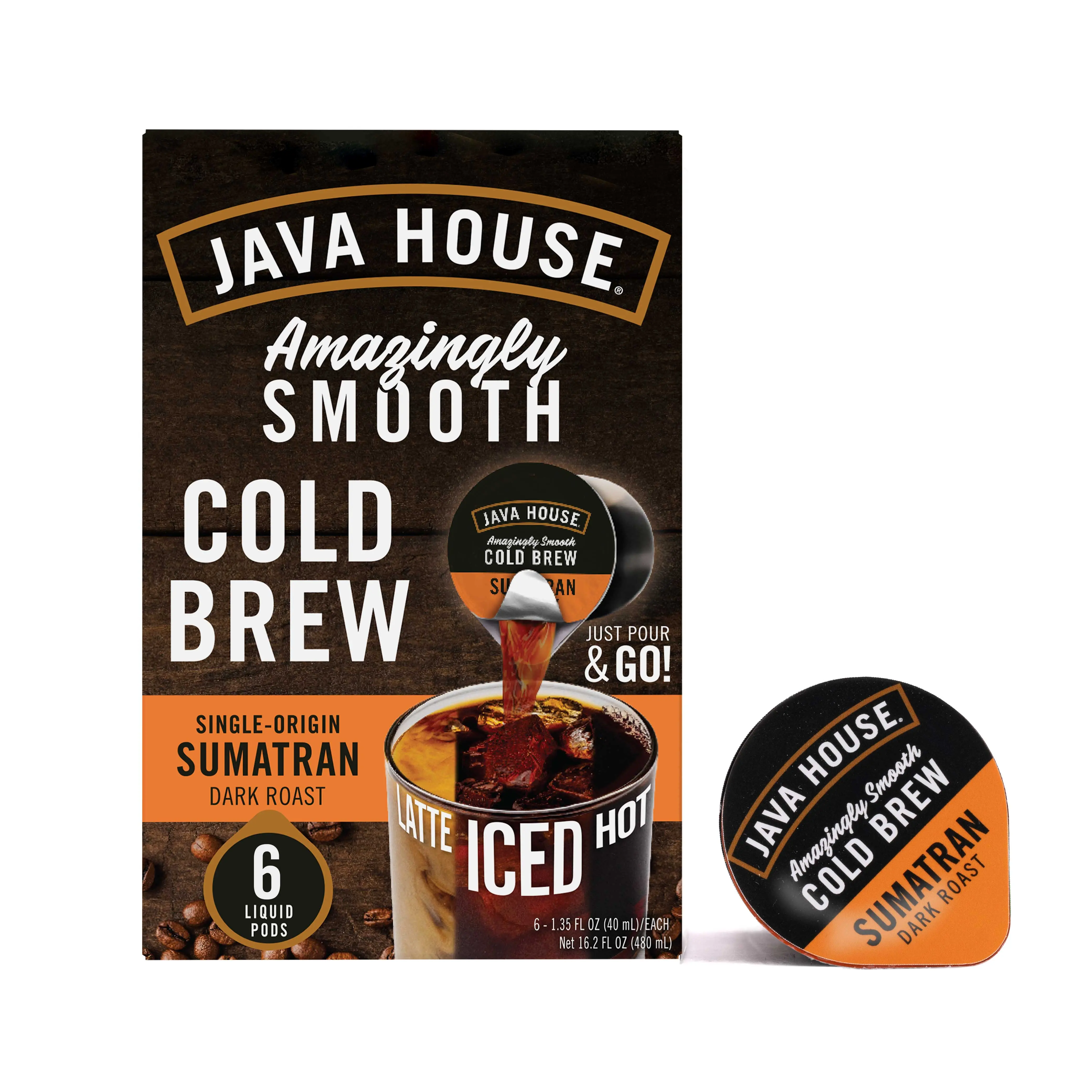 Java House Cold Brew Coffee Concentrate Single Serve Liquid Pods, Sumatran, 12 Count