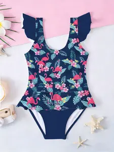 Girls' Cartoon One-Piece Swimsuit, 3D Deep Blue Full-Print Beachwear, Ruffle Bikini Swimwear, Best Birthday Gift, Toddler Swimsuit