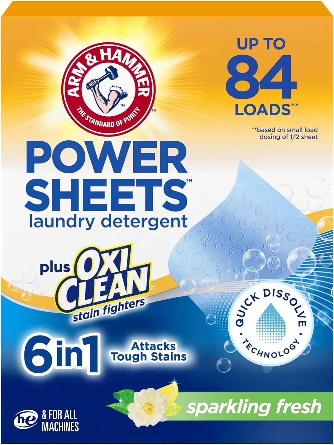 ARM & HAMMER Power Sheets Laundry Detergent + OxiClean Stain Fighters, 6-in-1, Sparkling Fresh Scent, 42 Count
