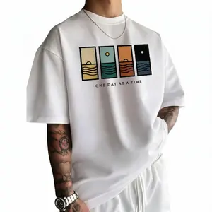 Premium 100% Cotton One Day at a Time Tee | Men's Vintage Inspirational Quote T-Shirt | Retro Minimalist Nature Landscape Crewneck Short Sleeve Shirt, Soft Comfortable Oversized Top