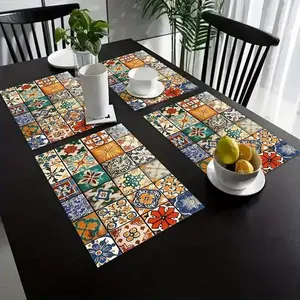 2D flat printing, 2-piece/4-piece/6-piece/8-piece retro ceramic tile coaster set, 12X18 inch single-sided printed fabric table mat set, suitable for restaurant and home use, suitable for desktop decoration and personal decoration