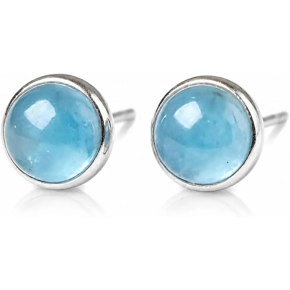 ANNIE WU Women's 925 Sterling Silver Natural Aquamarine Stud Earrings, Hypoallergenic Blue Round Gemstone Post Earrings, Minimalist Everyday Jewelry, March Birthstone Gift for Loved Ones