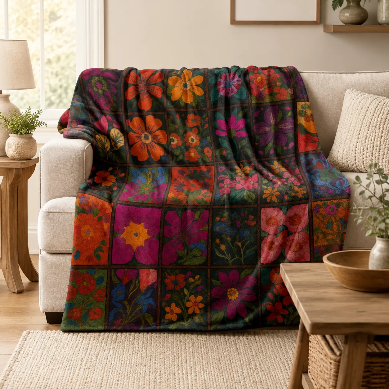 Vintage Moody Floral Patchwork Grid Bohemian Flannel Throw Blanket, Soft Fuzzy Plush Blanket for Couch Bed Sofa, All Season Cozy Warm, Unique Gift for Boho Home Lovers, Retro Maximalist Botanical Dark Eclectic Bedroom Living Room Home Decor