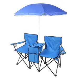 Double Portable Picnic Chairs, Folding Camping Chairs With Cooler Bag, Detachable Umbrella, Cup Holders, Patio Beach Camping Chairs for Outdoors