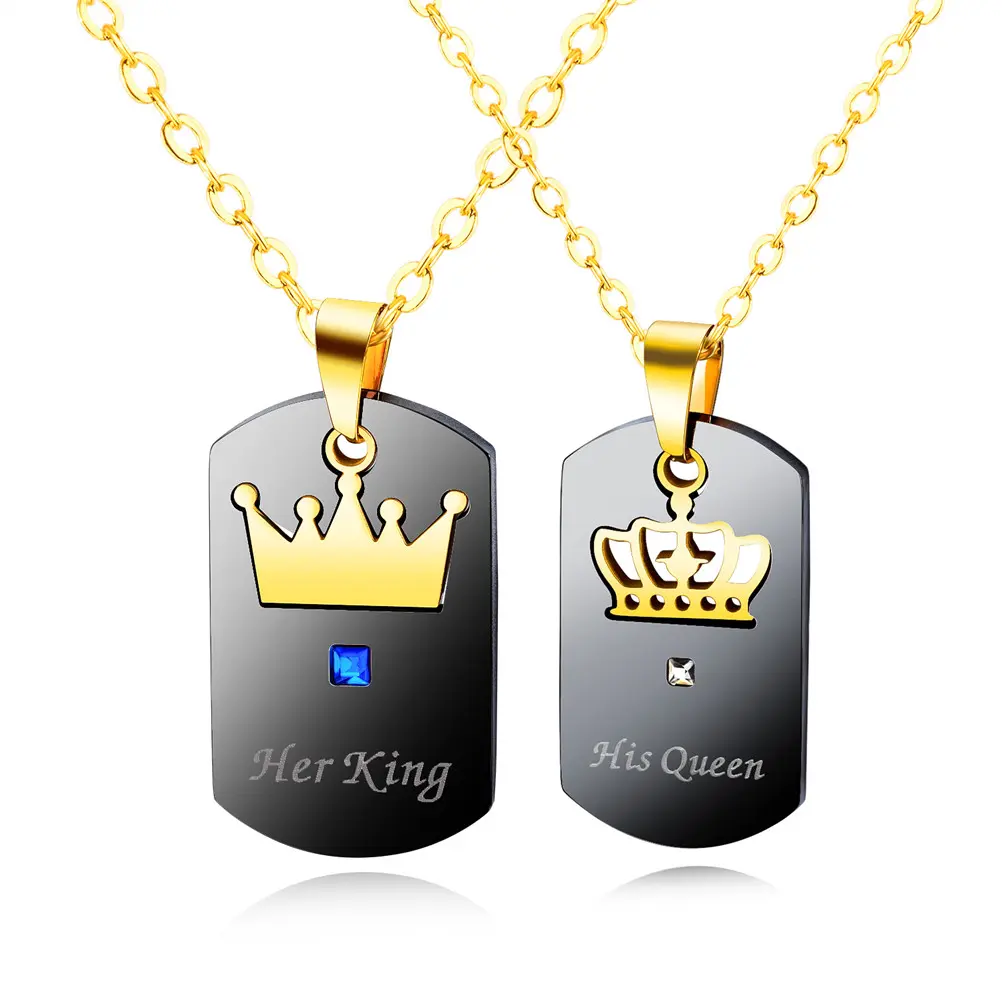 OIDEA Minimalist His & Her King Queen Couples' Necklace Set - 34mm Rhinestone Crown Stainless Steel Matching Pendants, 45+5.5cm Adjustable Chains, Casual Daily Tarnish-Free Jewelry, Valentine's Day/Anniversary/Birthday Gift, Stainless Steel Jewelry, Rhine