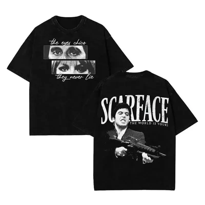 Men's 100% Cotton Scarface Graphic T-Shirt, Short-Sleeve Round Neck Casual Sports Top, Vintage Gangster Movie-Inspired Streetwear for Summer (Sports & Outdoor Clothing)