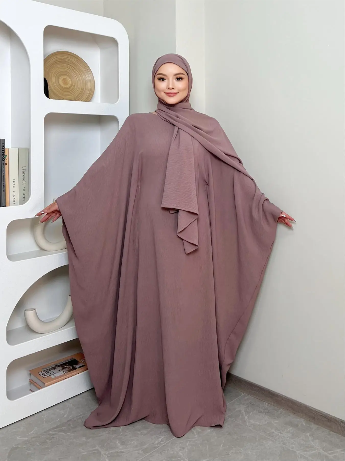 Women's Solid Color Zipper Front Batwing Sleeve Abaya & Hijab Two-Piece Set, Modest Long Sleeve Round Neck Maxi Abaya & Hijab, Women's Islamic Clothin