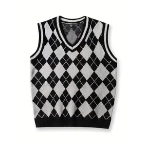 Casual Fashion Men's Knit Vest JA771158 Sleeveless Geometric-pattern High Stretch V-neck Fall/Winter Regular Fit Polyester Fabric Menswear Classic Soft Stylish Tops Motocross Vneck