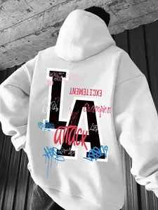 Men's Letter Print Drop Shoulder Long Sleeve Hoodie, Fashion Casual Regular Fit Drawstring Pocket Hooded Sweatshirt for Daily Holiday Outdoor Wear, Men Clothes for Fall & Winter