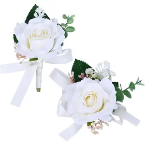 MAFELOE Artificial Flowers Wrist Corsage and Boutonniere Set for Wedding, Prom, Party, Homecoming-2 Pieces, Creamy White-Suit Decor Accessories