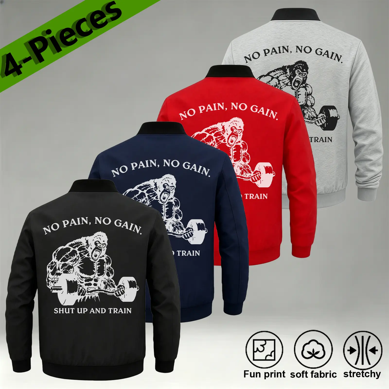 Men's 4 Piece Stretchy Training Jumper Set - Fun Print, Soft Fabric, No Pain No Gain Motif,Gym Motivational Gorilla Print Bomber Jacket Zip Up Baseball Collar Fitness Outerwear Casual Training Jacket For Men, Menswear Coats Jackets Stylish Tops Workout