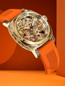A men's orange silicone strap with luminous carving design, personalized trend, cool and fully automatic mechanical watch