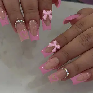 24pcs Press-On Medium Square French Manicure, Sweet Heart Pattern & Butterfly Design, Acrylic Nails for Party and Daily Wear