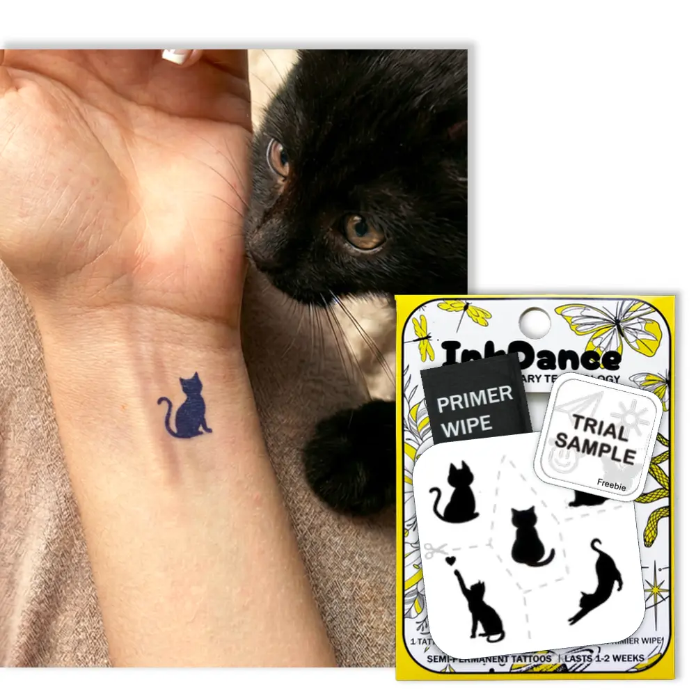 InkDance Semi-Permanent Tattoo, Tiny Dark Kitten Cat, Long Lasting Temporary Tattoos, Waterproof Plant-Based Ink, Lasts 1-2 Weeks, Color Develops in 24 Hours MNF181, Set of 5