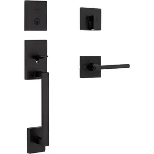 Front Door Lock Handle and Deadbolt Set, Entry Handleset Exterior with Interior Reversible Lever, Matte Black, Pick Resistant SmartKey Rekey Deadbolt Security
