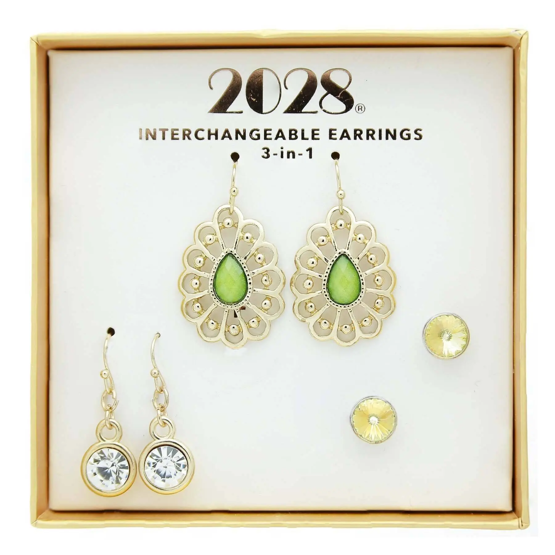 1928 Jewelry Women's 3-In-1 Green Crystal Interchangeable Earring Stacking Set - Tear Drop, Statement, Drop & Stud Design, Classic Pearl Stud Earrings, Suitable for All Occasions