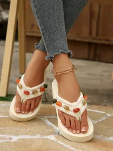 Summer New Bohemian Style Colorful Stone Decor Thick Sole Sandals for Women, Anti-Slip Slip-On Beach Slippers, Fashionable and Comfortable