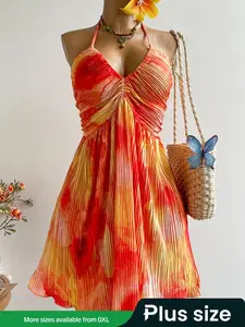 A plus-size women's off-the-neck and backless vacation dressboho easter beach outfits hawaii Coachella Music Festival Tropical vacation Casual Bohemian Sleeveless