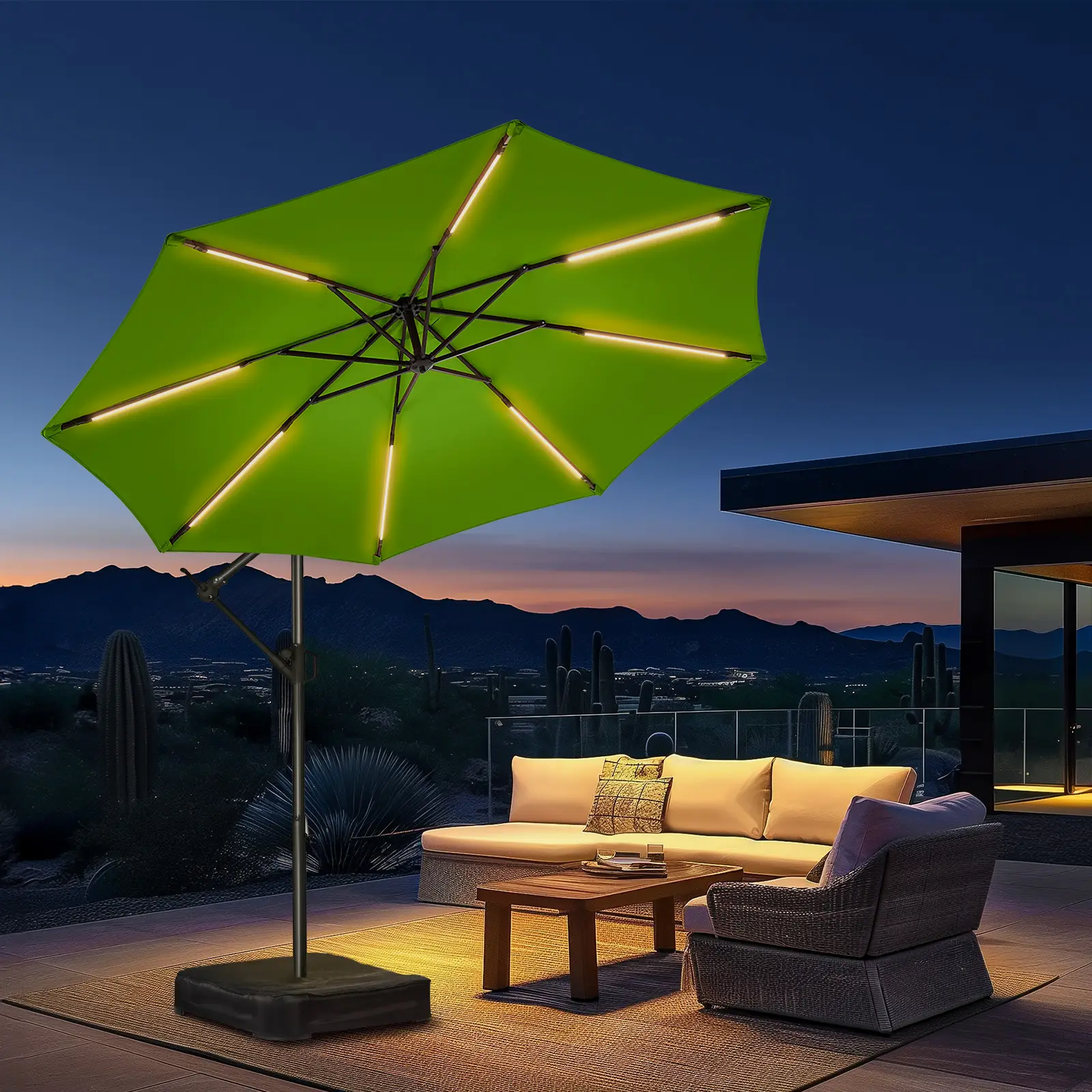 【7.5/9/10ft】Homshade HY21LB/LSB Solar Lights Offset Cantilever Patio Umbrella - w/Light and Base, LED Lighted Offset Hanging Patio Outdoor Market Umbr