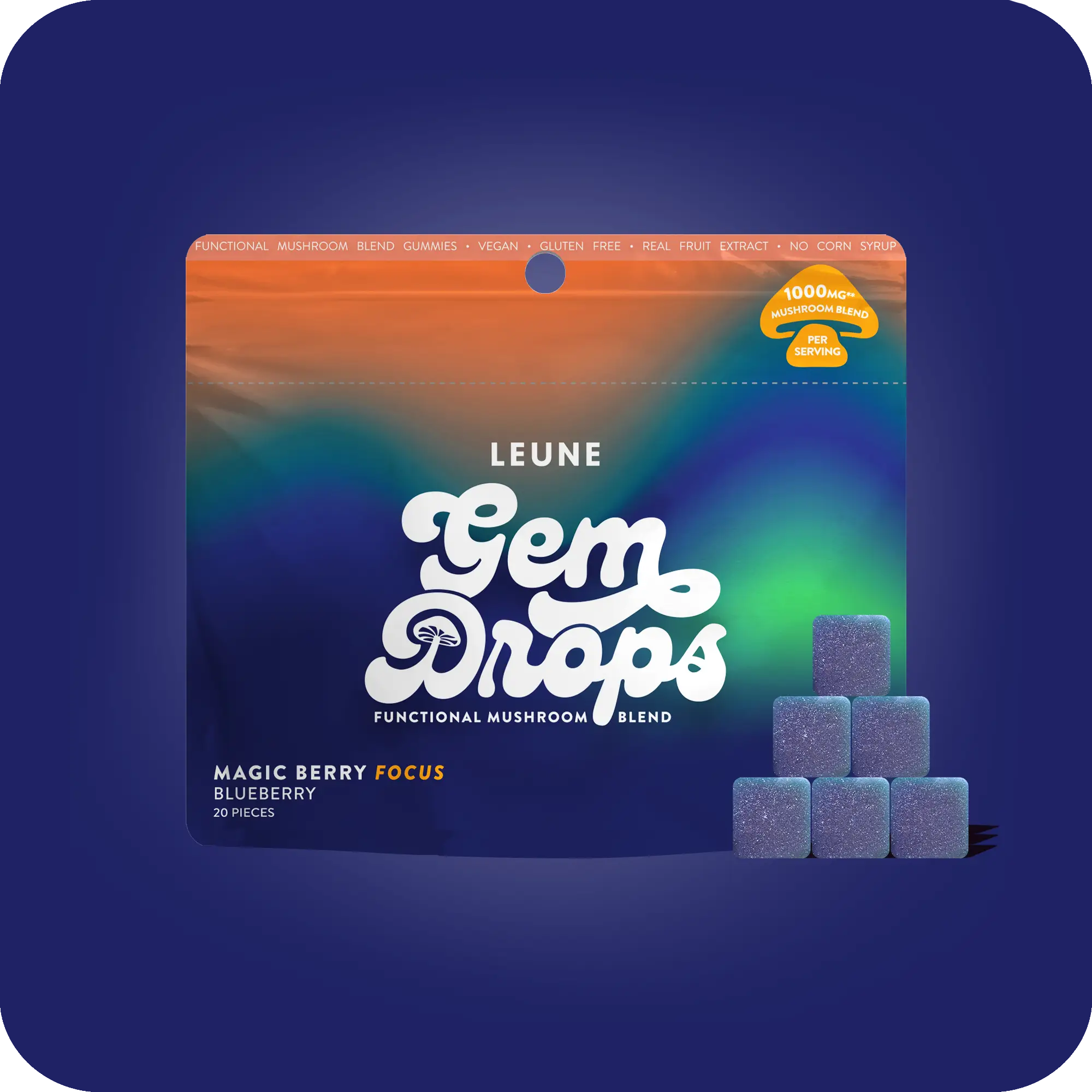 LEUNE LAB Functional Mushroom Magic Berry Gem Drops (20 Gummies) - Blueberry 1000mg - Vegan & Gluten Free - Supports Focus, Clarity, & Mental Stamina