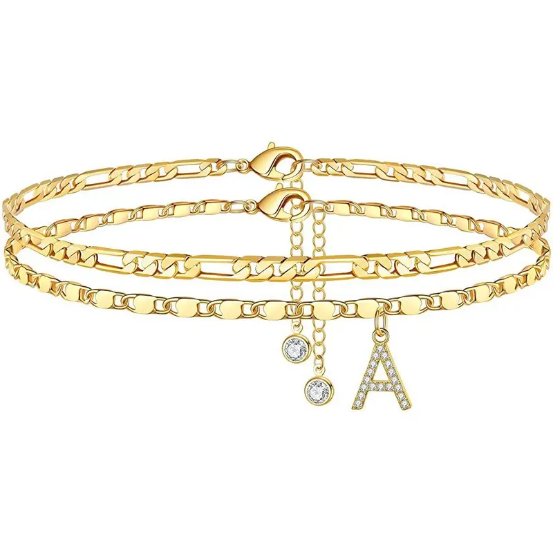 Women's 14K Gold Plated Delicate Layered Figaro Chain Anklet Set - CZ Initial Letter, 2 Sizes, Foot Jewelry, Fashionable Accessory, Elegant Footwear Accent, Summer Costume Gift