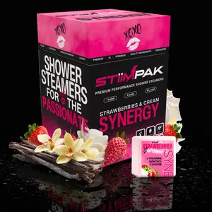 Shower Steamers Vanilla Strawberry | Valentines Gift | Synergy | XXL 80g | Intimacy & Self Care Aromatherapy | L-Theanine & Menthol | Romantic Gift for Women and Men | STiiMPAK (8 Pak + Loofah)