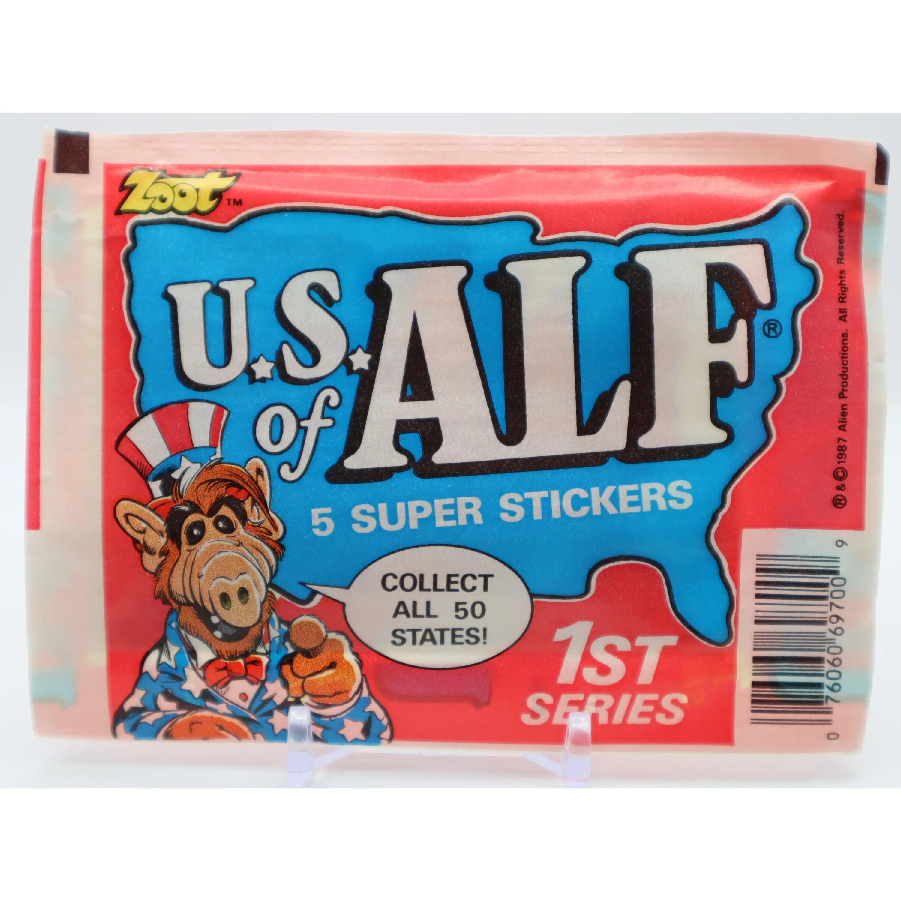 Collectible 1987 Zoot U.S. of ALF 1st Series Trading Stickers Wax Pack - 5 Stickers