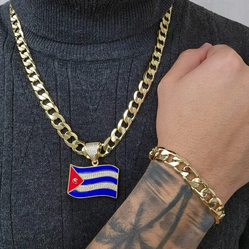 ViOrO 14K Gold Plated 10mm Cuban Link Chain with Bracelet and Flag Country Pendant for Dairy Use. Electro Laminated Premium Jewelry