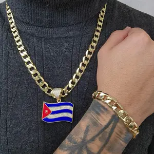 ViOrO 14K Gold Plated 10mm Cuban Link Chain with Flag Country Pendant for Dairy Use. Electro Laminated Premium Jewelry