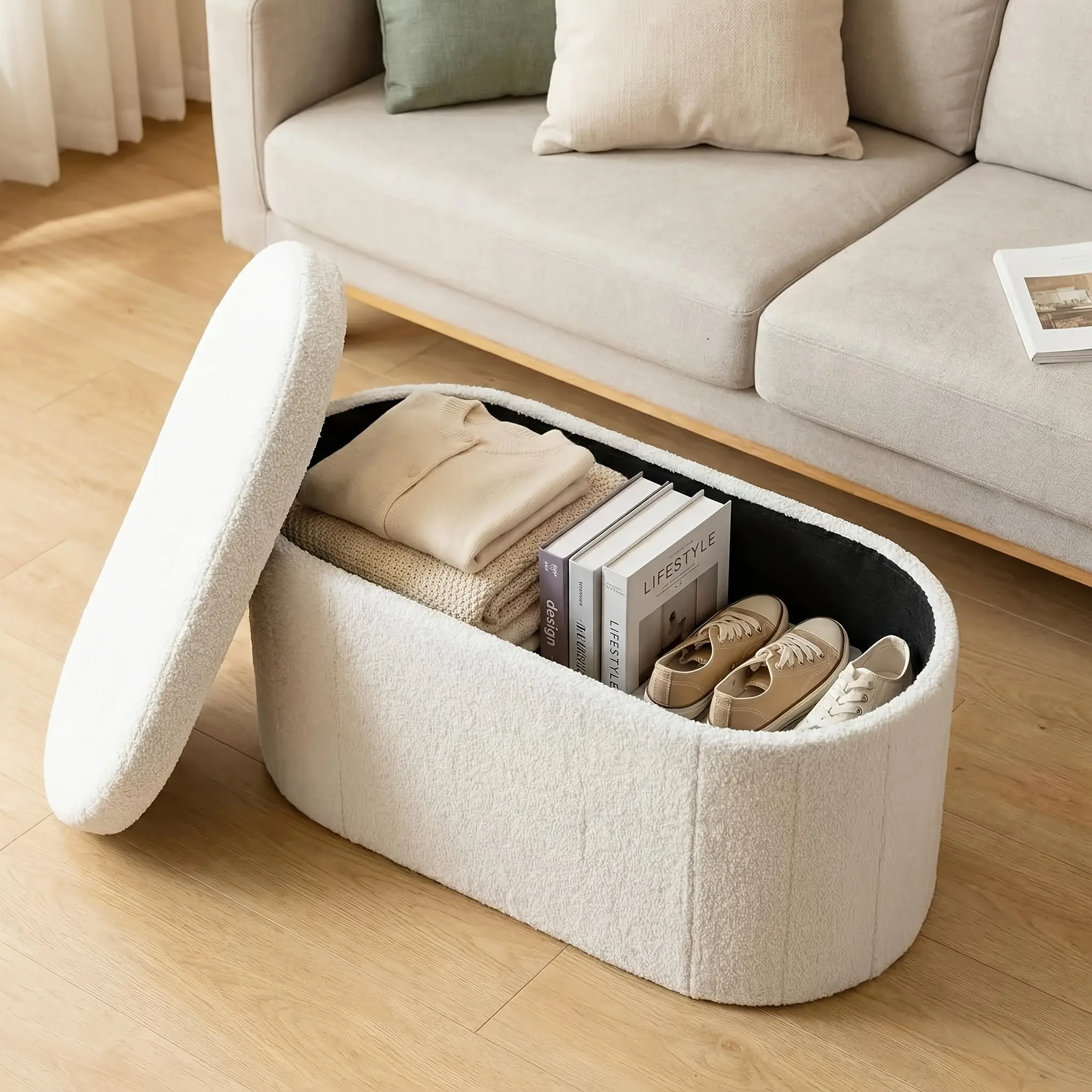 Folding Storage Ottoman Bench, 30/43 Inches Oval Round Foot Rest Stool, Cushioned Seat with Storage Chest, 250 Lb Capacity for Living Room