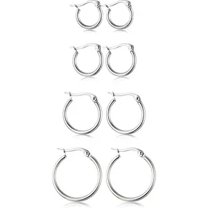 Fashionable 4 Pairs Stainless Steel Hoop Earrings Set Cute Huggie Earrings for Women,10MM-20MM