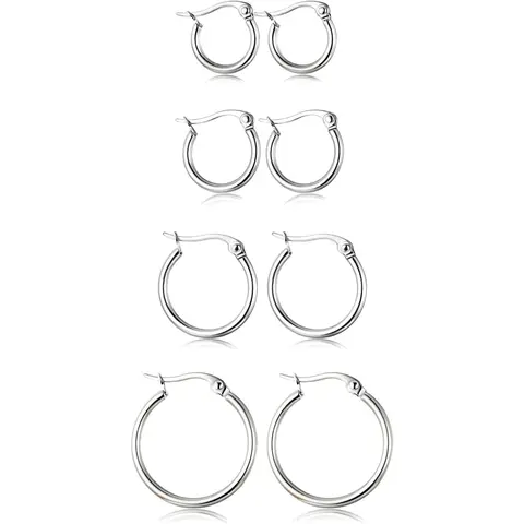 Women's 4-Pair Hypoallergenic Huggie Hoop Earrings Set - Stainless Steel Anti-Tarnish Layered Daily Mini Hoops (10-20MM) for Earring Stack, High-Quality Jewelry