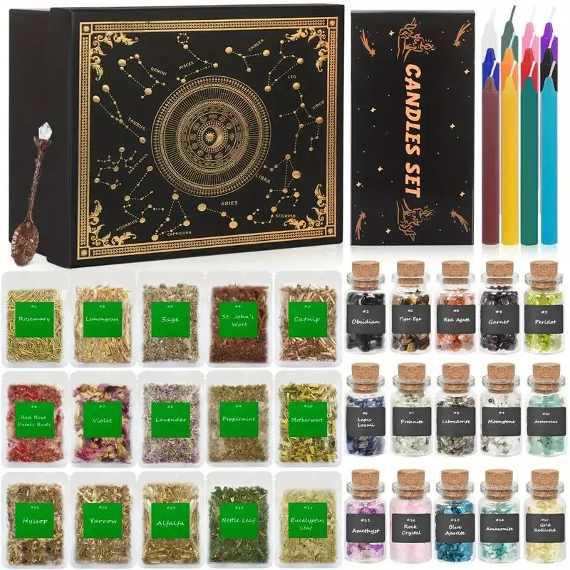 48-Piece Magical Witchcraft Beginner Tool Kit - 15 Crystals, 15 Organic Herbs, 12 Zodiac Candles, Glass Items, Ritual Supplies - Witchy Gift Basket for Spells, Home Decor (Toys & Hobbies DIY Supplies)