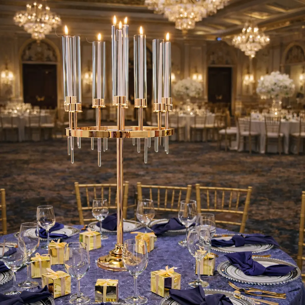 Set of 4 | 37” Tall 9 Arms Cluster Candle Holders【GOLD】 Decor Glass Pack Box Room Ornaments Metal