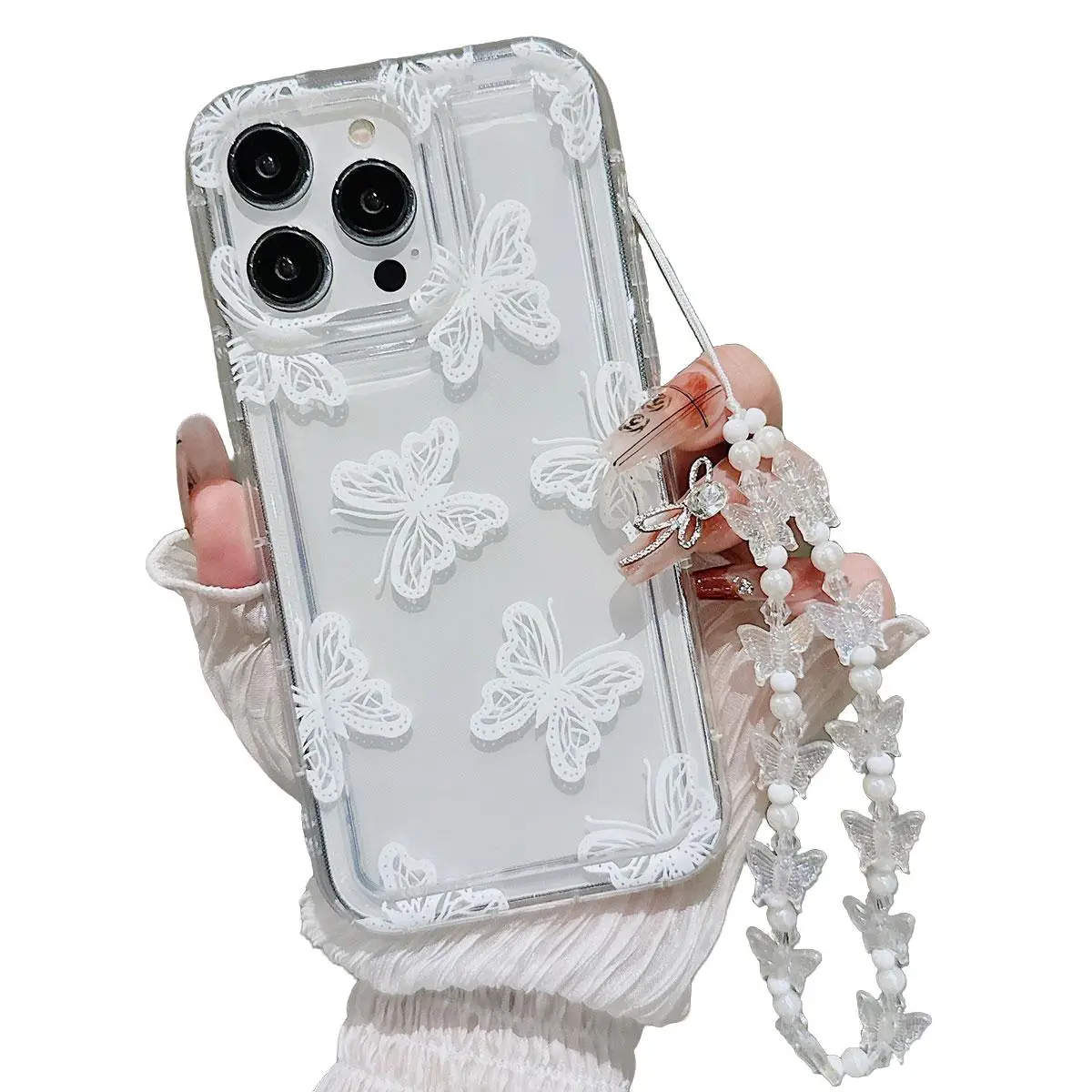 Butterfly Decor Phone Case with Wrist Strap, National Day Offers, Shockproof Phone Protective Cover, Compatible with iPhone 11 12 13 14 15 Pro Max Ser