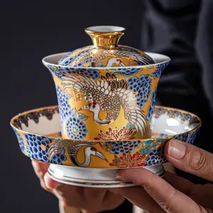Imperial Handcrafted Jian Ware Tea Cup with Enamel Color Craftsmanship Traditional Gold Outline Rich Colors Oriental Aesthetics - Cover