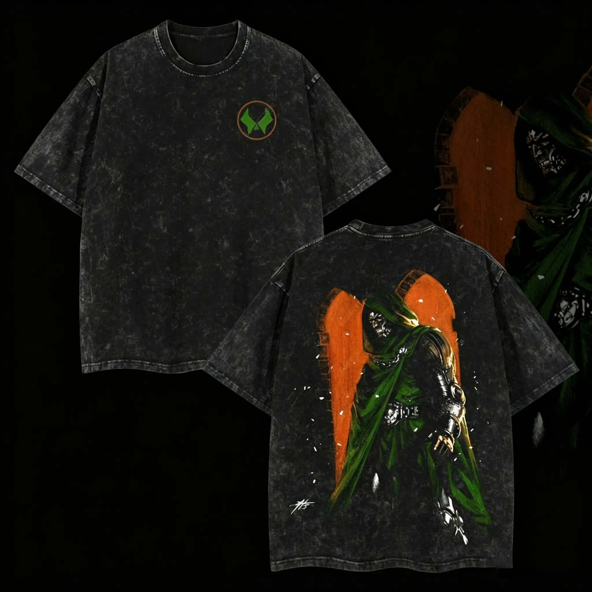 Masked Iron Tyrant Graphic T-Shirt, Oversized Acid Washed Streetwear Tee, Double-Sided Printed Lightweight Unisex Top, Y2K Retro Futuristic Graphic Shirt, Dark Vintage Casual Fall Outfit