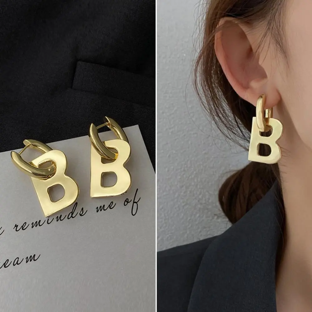 Women's Elegant Initial Letter B Dangle Drop Earrings - Gold-Tone Copper Stainless Steel, Shining, Colorfast, Corrosion Resistant, Rustproof Hip Hop Rock Jewelry for Females