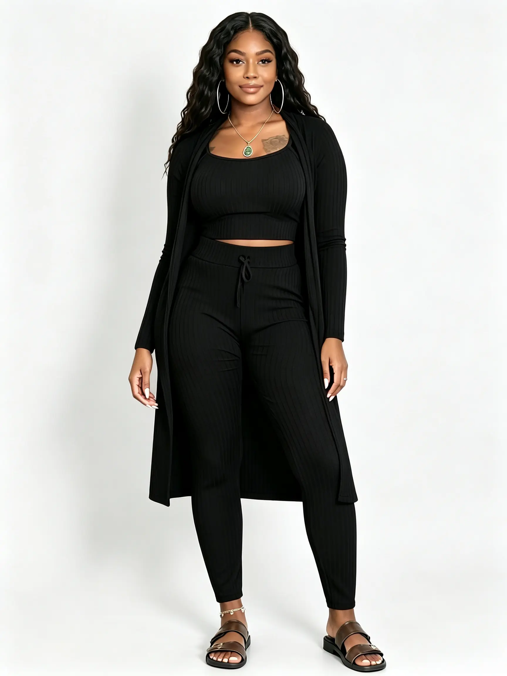 Women's 3-Piece Stretch Jersey Nightwear Set - Sleeveless Tank Top, Long Sleeve Long Duster Cardigan, Adjustable Waist Drawstring Cropped Leggings, Retro Chic Knit, Soft Minimalist Basics, Clean Tailoring, Above-Knee, for Casual Lounging
