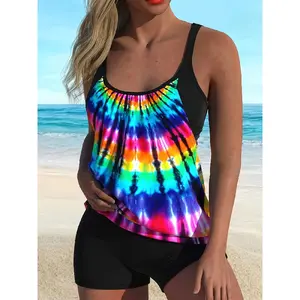Plus Size Two-Piece Tankini Set, Tankini Top, Trendy European Style, Conservative Belly Coverage, Slimming Print Swimsuit for Beach Vacation Women, Tankini Swimwear Set, Tankini Bathing Suits