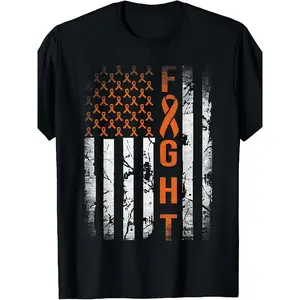 'S & 'S Short  [100% Cotton] 100% Cotton Leukemia Awareness T-Shirt with Leukemia Ribbon & American Flag Design - Unisex 220gsm Pure Cotton Retro Style Round Neck Tee, Shirt with Ribbon for Leukemia Group Apparel