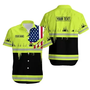 American Flag Heavy Equipment Hawaiian Shirt, Men's Patriotic Workwear Summer Button Down - Light Green, Breathable Summer For Men