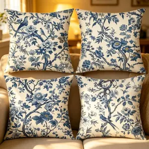 4-Piece Set Blue Floral Bird Print Pillow Covers, 18 Inches, Zipper Closure, Home Decor for Sofa Living Room, No Insert Included