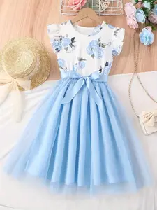 Girls' Mesh Puff Dress, Sweet Princess Style, Ruffled Sleeves, Rose Print, Bow Tie Waist, Birthday Party, Daily Wear, Festival Gown, Tutu Dress