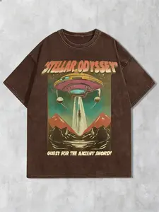 Men's Stellar Odyssey Ufo Alien Washed Short T-Shirt, Vintage Sci-Fi Streetwear, Graphic Print, Comfortable Acid-Washed Texture, Casual Fitted Tee, Soft, Breathable