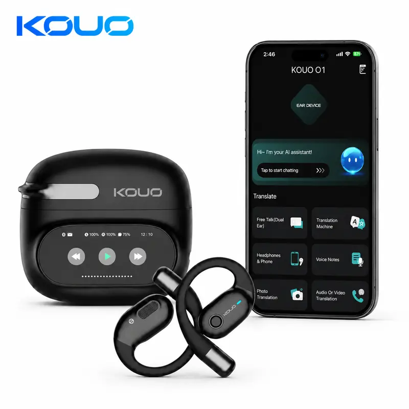 KOUO O1 Wearable Open-Ear Headphones Bluetooth 5.4, LED HD Display, High-Fidelity Audio, Noise Cancellation, IPX7 Waterproof, Fast Charging, for Office & Sports, High-Quality Audio Calls, Studying Use