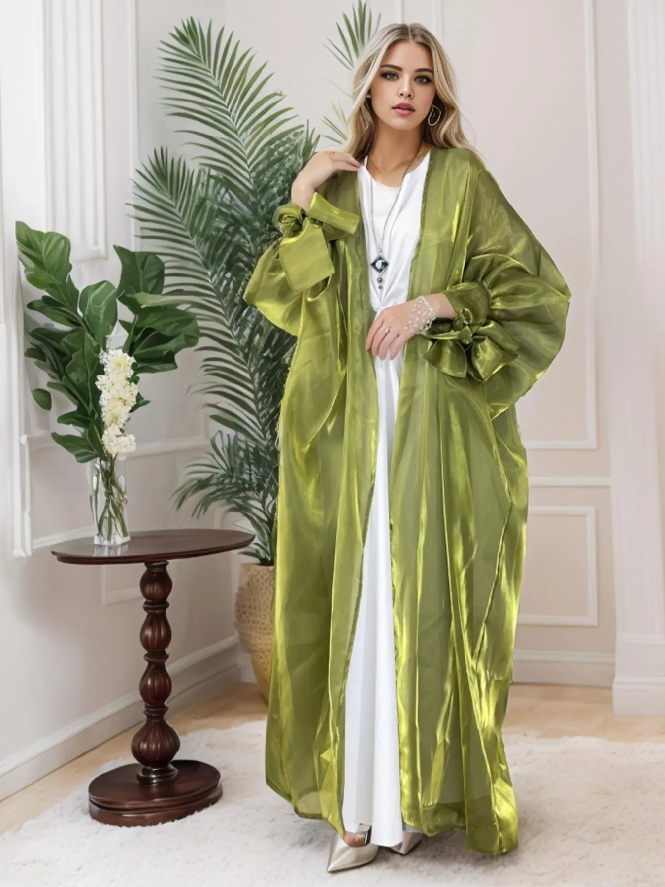 Open Front Robe Women's Solid Knot Batwing Sleeve Lightweight Organza Open Front Robe ...